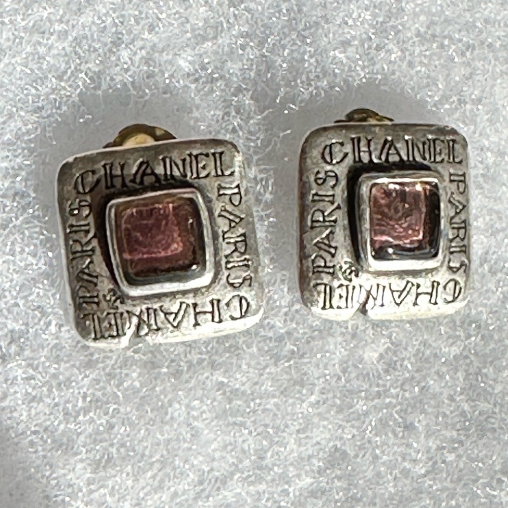 Chanel Paris Fall 1999 Gripoix Silver Tone script logo earrings